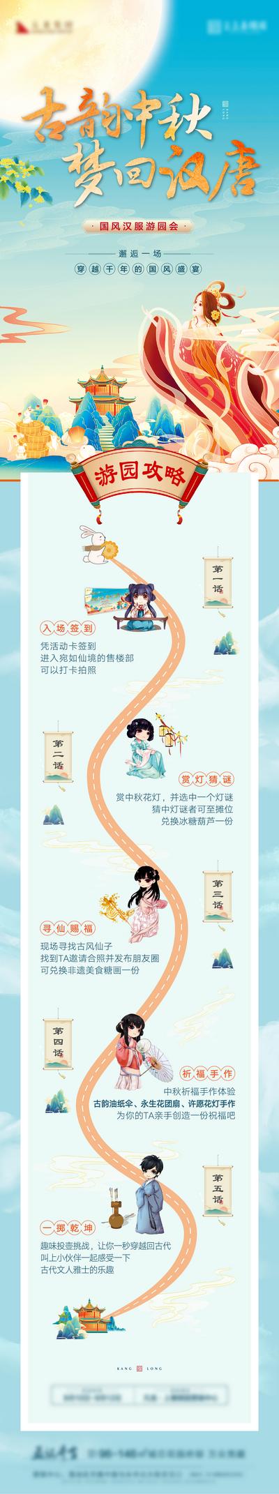 南门网 海报 长图 中秋节 游园攻略 路线 国潮 插画