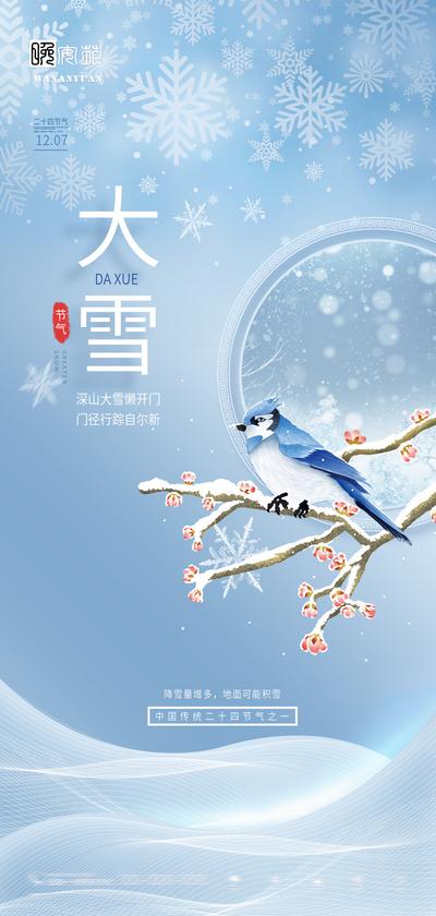 南门网 海报 房地产 二十四节气 小雪 大雪 雪花 树枝 鸟 蓝色 手绘