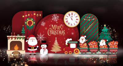 南门网 堆头 氛围展板 美陈 公历节日 圣诞节 圣诞老人 雪人 红金 卡通