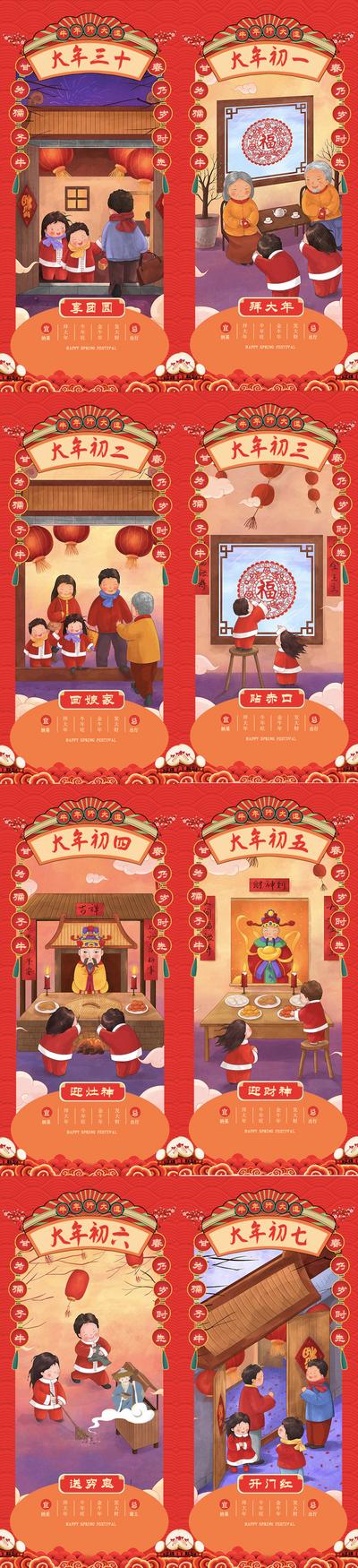 【南门网】海报 中国传统节日 春节 初一 初七 年俗 插画 系列 