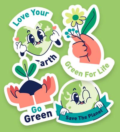 南门网 手举牌 贴纸 插画 保护 地球 地球日 花 绿叶 环保 爱护 公益 循环 生态