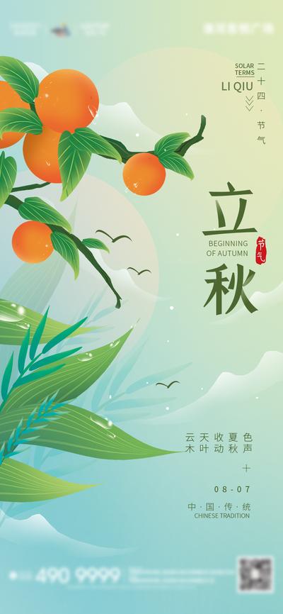 南门网 海报 房地产  二十四节气 立秋 柿子 插画 秋天 绿色