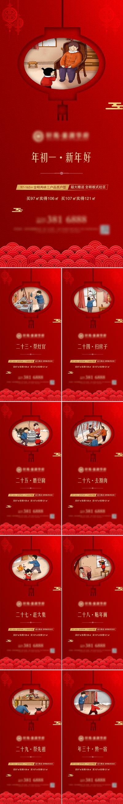 南门网 海报 中国传统节日 新年 春节 正月 腊月 年俗 过年 初一  插画  灯笼 祥云 红色 系列