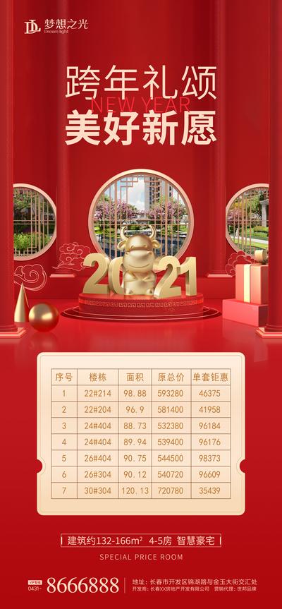 南门网 海报 房地产 元旦节 公历节日 2021  牛年 新年 特价房 红金