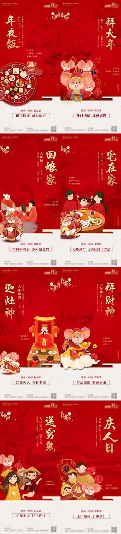 南门网 海报 新年 春节 中国传统节日 年俗 习俗 红金 卡通 插画 年夜饭 初一 初七