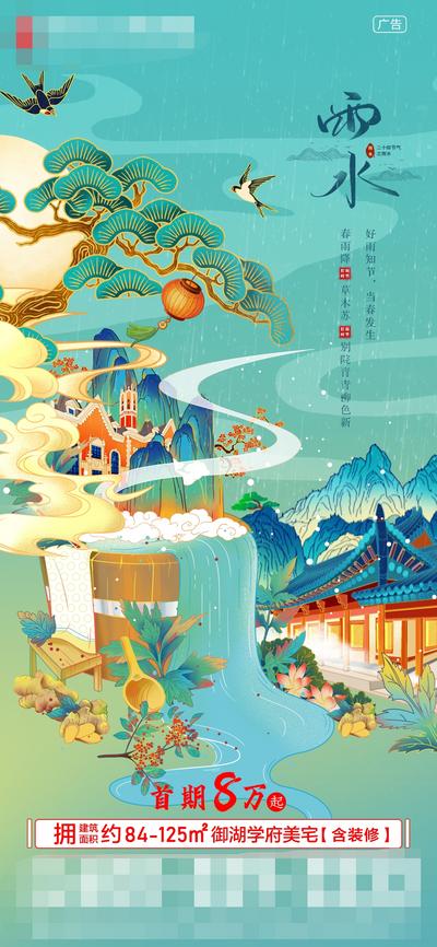 南门网 海报 房地产 二十四节气 雨水 国潮 插画