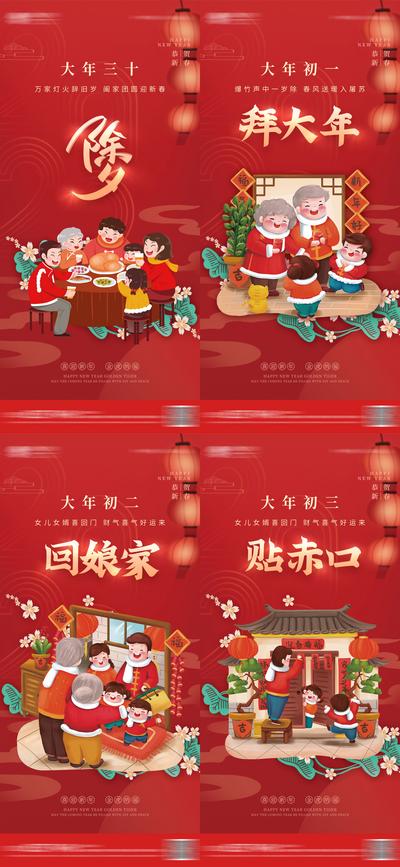【南门网】海报 房地产 中国传统节日 春节 插画 红金 除夕 拜年 回娘家 贴赤口