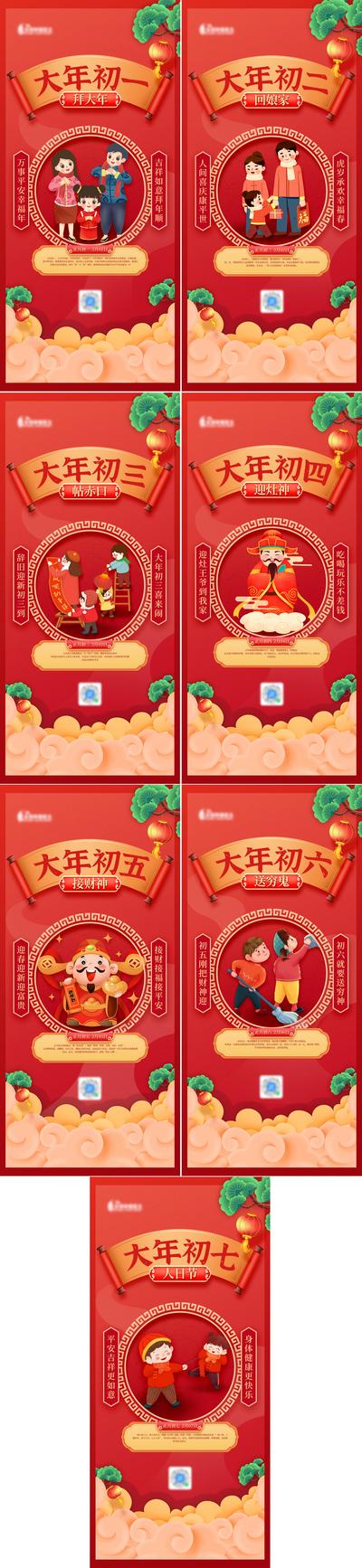 南门网 海报 中国传统节日 2023 兔年 春节 除夕 初七 习俗