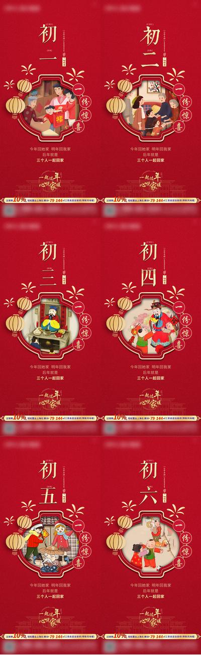 南门网 海报 房地产 中国传统节日 春节 新年 初一 初六 喜庆 系列