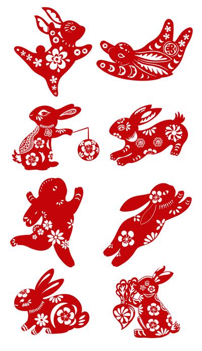 【南门网】剪纸 窗花 形象IP 兔年 新年 2023 节日 春节 中国风 喜庆 物料 兔子