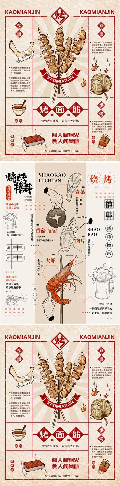 南门网 海报 烧烤 烤面筋 烤串 复古 美食 插画 系列