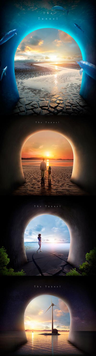 【南门网】海报 隧道 实景 创意 唯美 海豚 阳光 日落 日出
