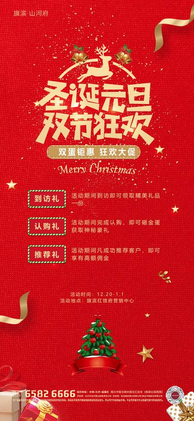 南门网 海报 房地产 公历节日 圣诞节 元旦节 到访有礼 狂欢 丝带 红金