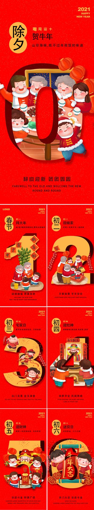 【南门网】海报 中国传统节气 春节 除夕 习俗 插画 牛年 初一至初六