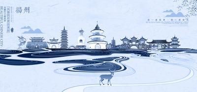 【南门网】背景板 活动展板 旅游 扬州 瘦西湖 地标 风景 建筑 线稿 景点