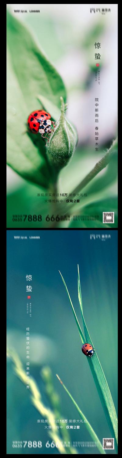 【南门网】海报 二十四节气 房地产 惊蛰 瓢虫 昆虫 系列 小草