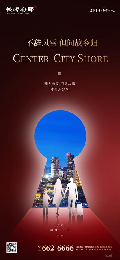 南门网 海报 房地产 小年 中国传统节日 红金 城市 返乡置业 剪影 回家