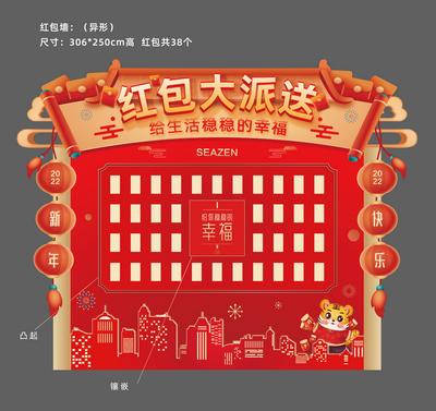 南门网 红包墙 背景板 房地产 春节 红包大派送 活动 红金 异形 灯笼 城市 剪影