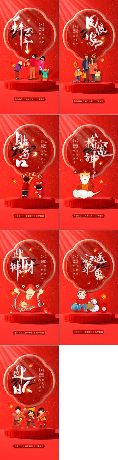 南门网 海报 中国传统节日 医美 春节 初一到初七 插画 习俗 系列