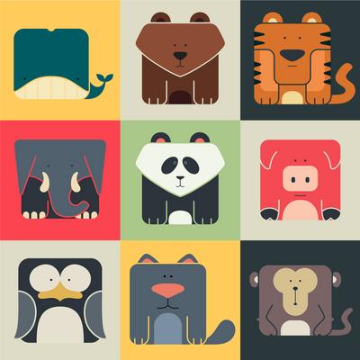 【南门网】UI设计 ICON 动物 卡通 创意 扁平化 鲸鱼 老虎 大象 熊猫 熊 猪 企鹅 狗 猴子 头像