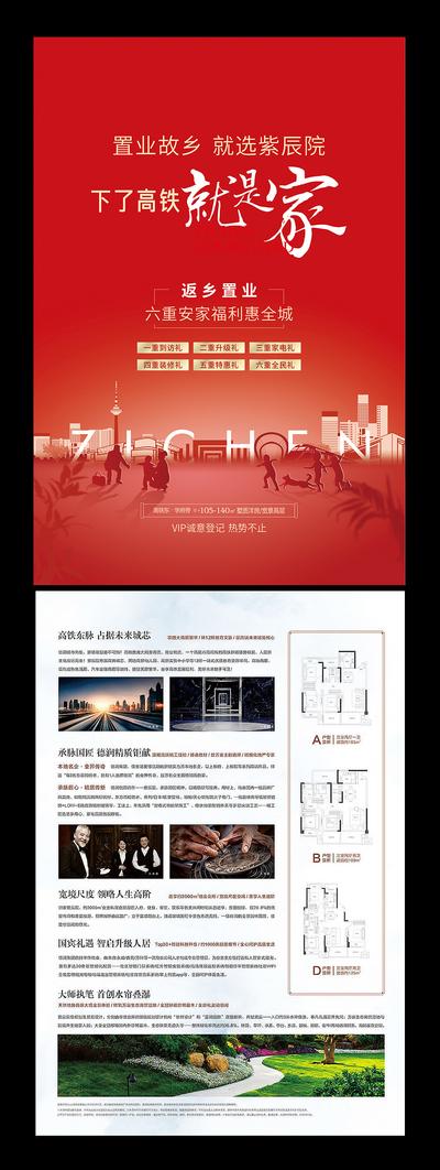 南门网 DM  宣传单页 返乡 置业 地产 红色 剪影  扁平 建筑 高铁 新年