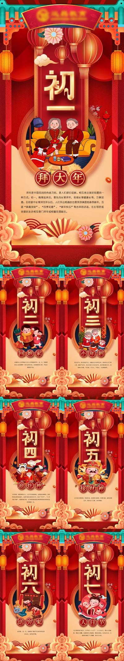 南门网 海报 中国传统节日 春节习俗 初一 过大年 插画 系列