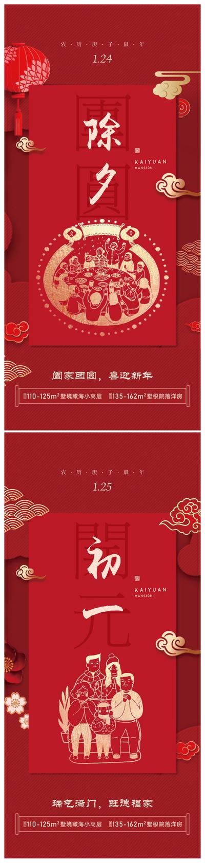 南门网 海报 中国传统节日 房地产 春节 除夕 初一 剪纸 红金