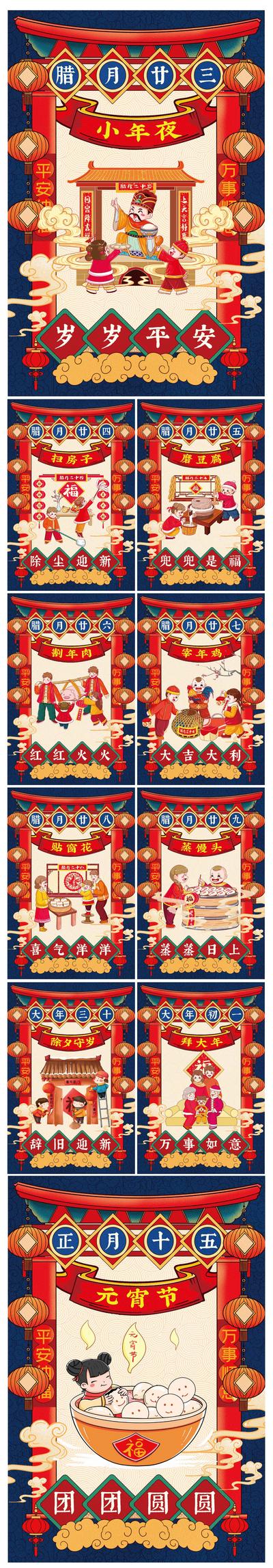 南门网 海报 中国传统节日 小年 春节 新年 拜年  年俗 除夕 初一 元宵节 插画 系列  
