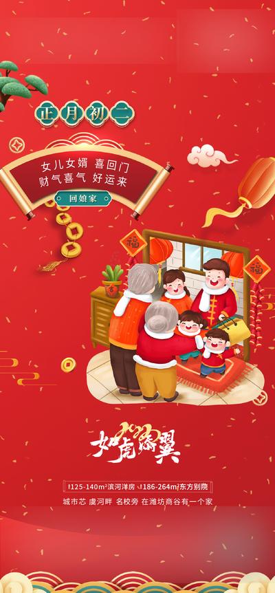 南门网 初二 新年 红金 插画 卡通 地产 海报 系列 年俗 节日 传统