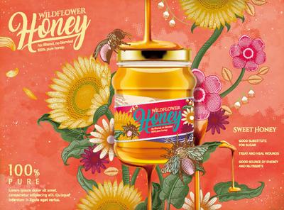 南门网 广告 海报 包装 蜂蜜 鲜花 背景板 矢量 复古