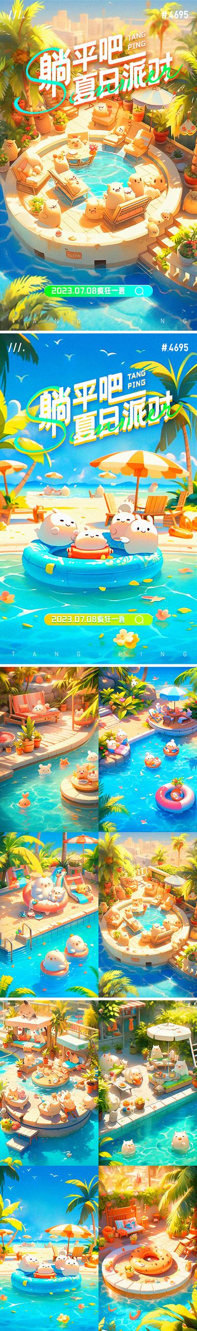 南门网 海报 插画 夏日 派对 卡通 泳池 泳圈 小黄鸭 聚会 团建 游泳 手绘