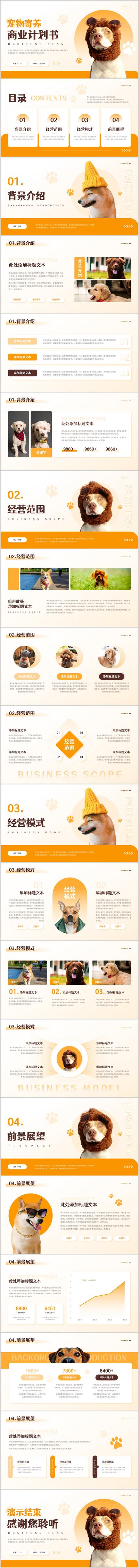 【南门网】商业 黄色 商务风 PPT 宠物 寄养 计划书 宠物店 可爱 萌宠