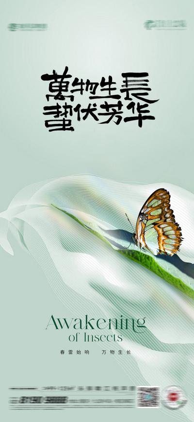 南门网 广告 海报 节气 惊蛰 高端 蝴蝶 绿叶 简约 时尚 小清新 单张 花草