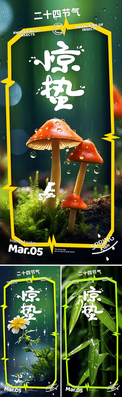 南门网 广告 海报 节气 惊蛰 系列 二十四节气 植物 蘑菇 花朵 竹叶 雨水 水珠 风景 下雨 春雨 竹子 特写