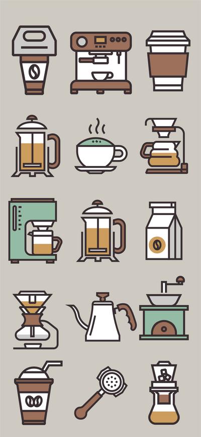 【南门网】UI 插画 质感 咖啡 图标 ICON 合集 手绘 咖啡杯 机器 拿铁 美式 高级 标志 系列 复古